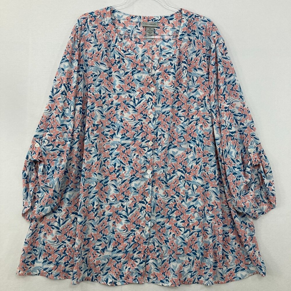 Catherines size 4X Pink Blue Floral Rolled Sleeve Feminine Office Button‎ Up